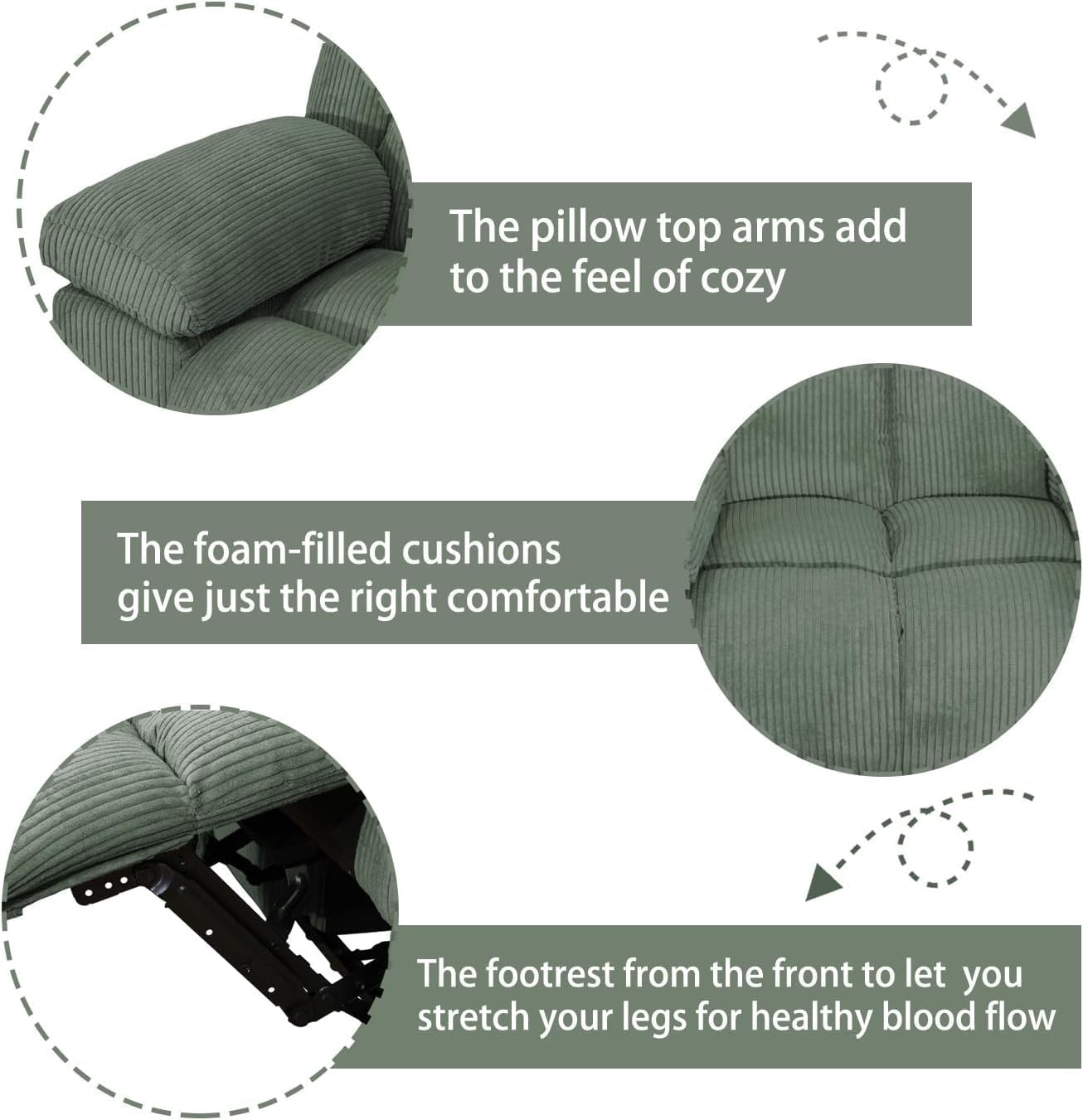Corduroy Fabric Recliner Sofa Set, 3 Piece Living Room Furniture Set, Manual Reclining Sofa Loveseat Chair Set with Cup Holders/Storage/Drop Down Table (Green, Sofa+Two Cahirs)