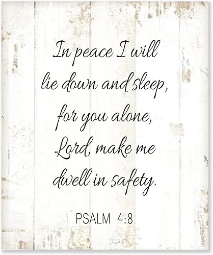 Letrero de madera rústica moderno para colgar en la pared, decoración del hogar, versículo de la Biblia en paz con texto en inglés "I Will Lie Down
