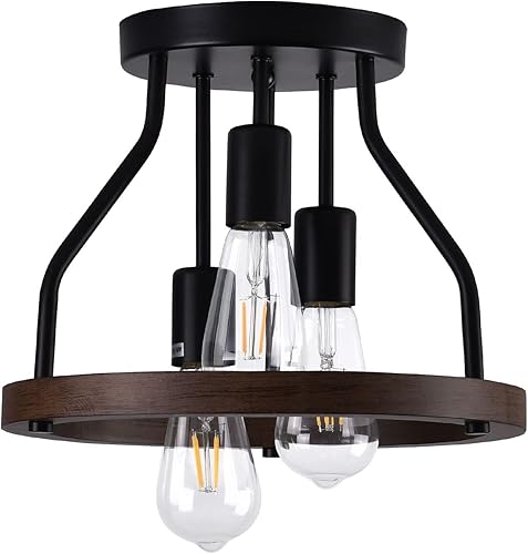 Miniatura 7 de Lámpara de techo empotrada de 3 luces, marco de madera + pantalla de metal negro, lámpara de techo rústica para cocina, comedor, pasillo,