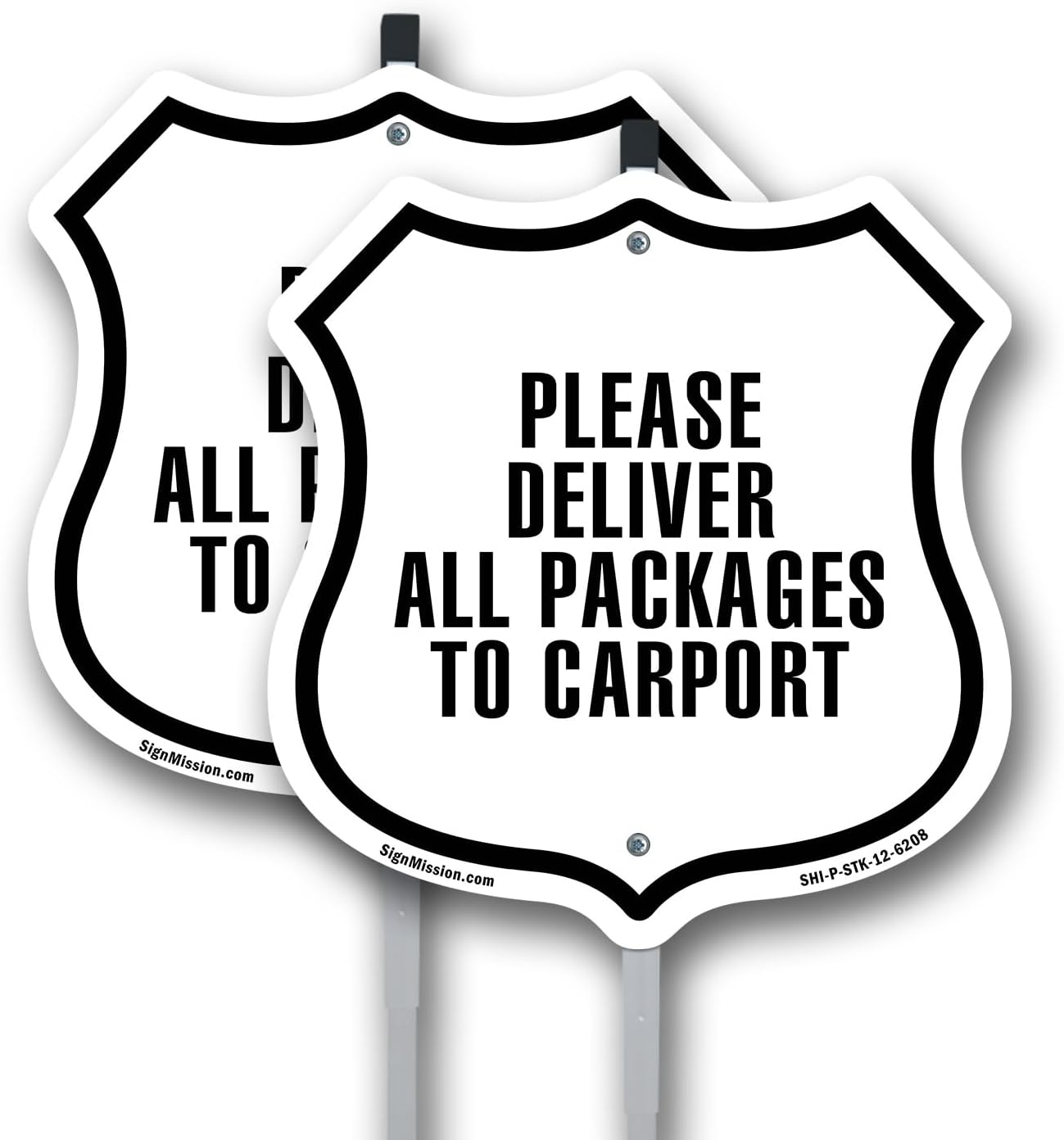 Please Deliver All Packages To Carport (2 Pack) 12 inch X 12 inch Shield Shaped Commercial Grade Plastic Signs with Aluminum Mounting Stakes Weather Resistant Made in the USA