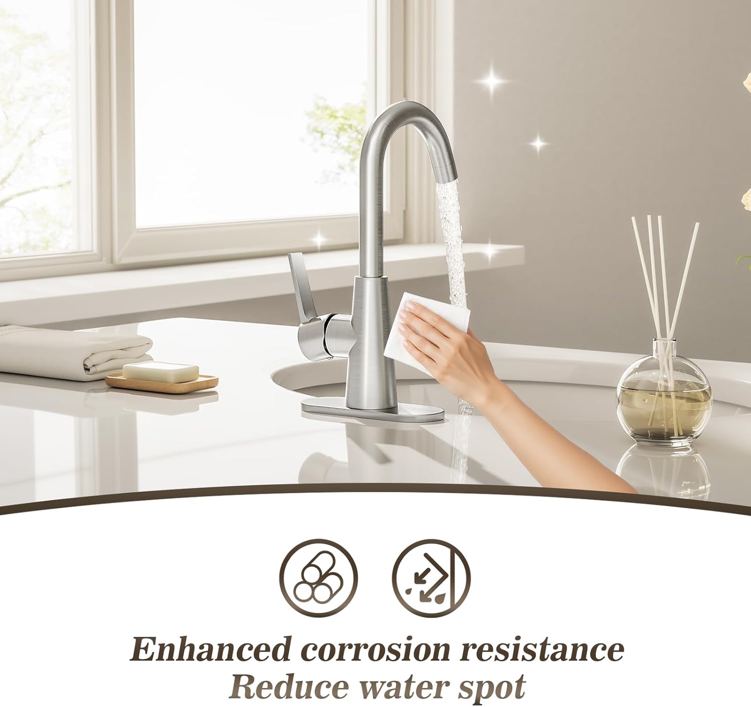 Phiestina Single Hole Brushed Nickel Bathroom Sink Faucet/Bar Sink/Pre-Kitchen Sink Faucet with 4 Inch Deck Plate,Drain and Supply Hoses, WE10-BN