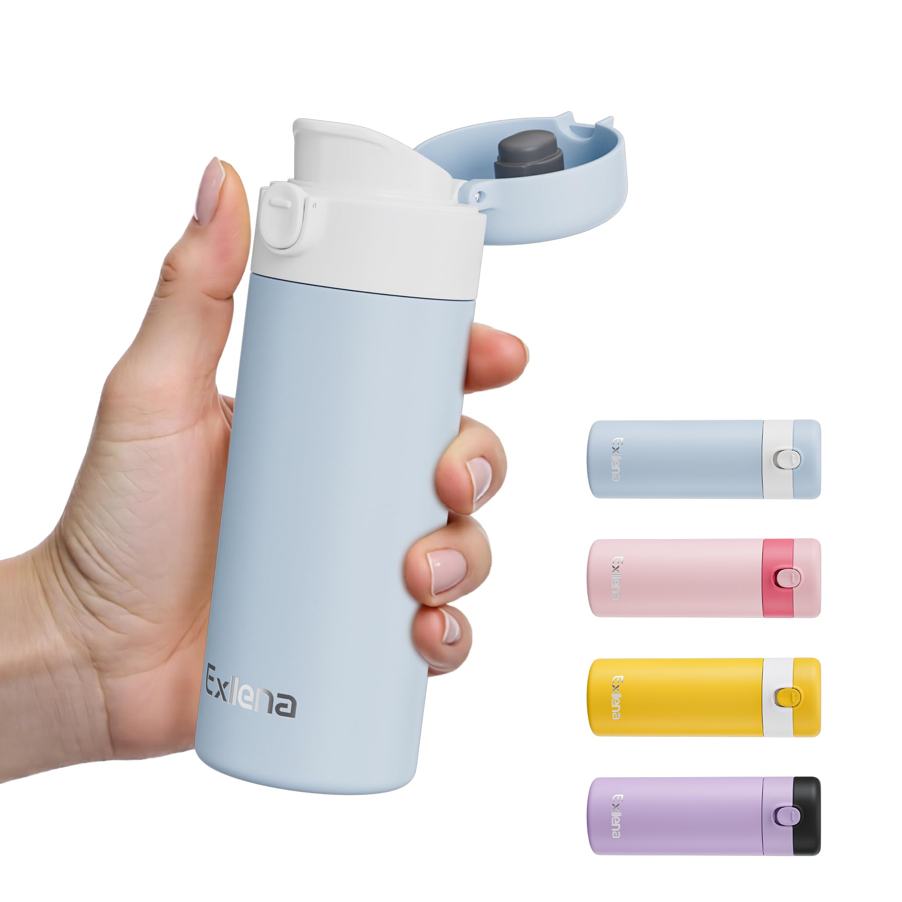 Exllena Small Insulated Water Bottle with Push-Button Lid – 220ml Mini Flask, Leakproof Mini Water Bottle for Coffee, Milk, Travel, School & Office Use(Blue & White)