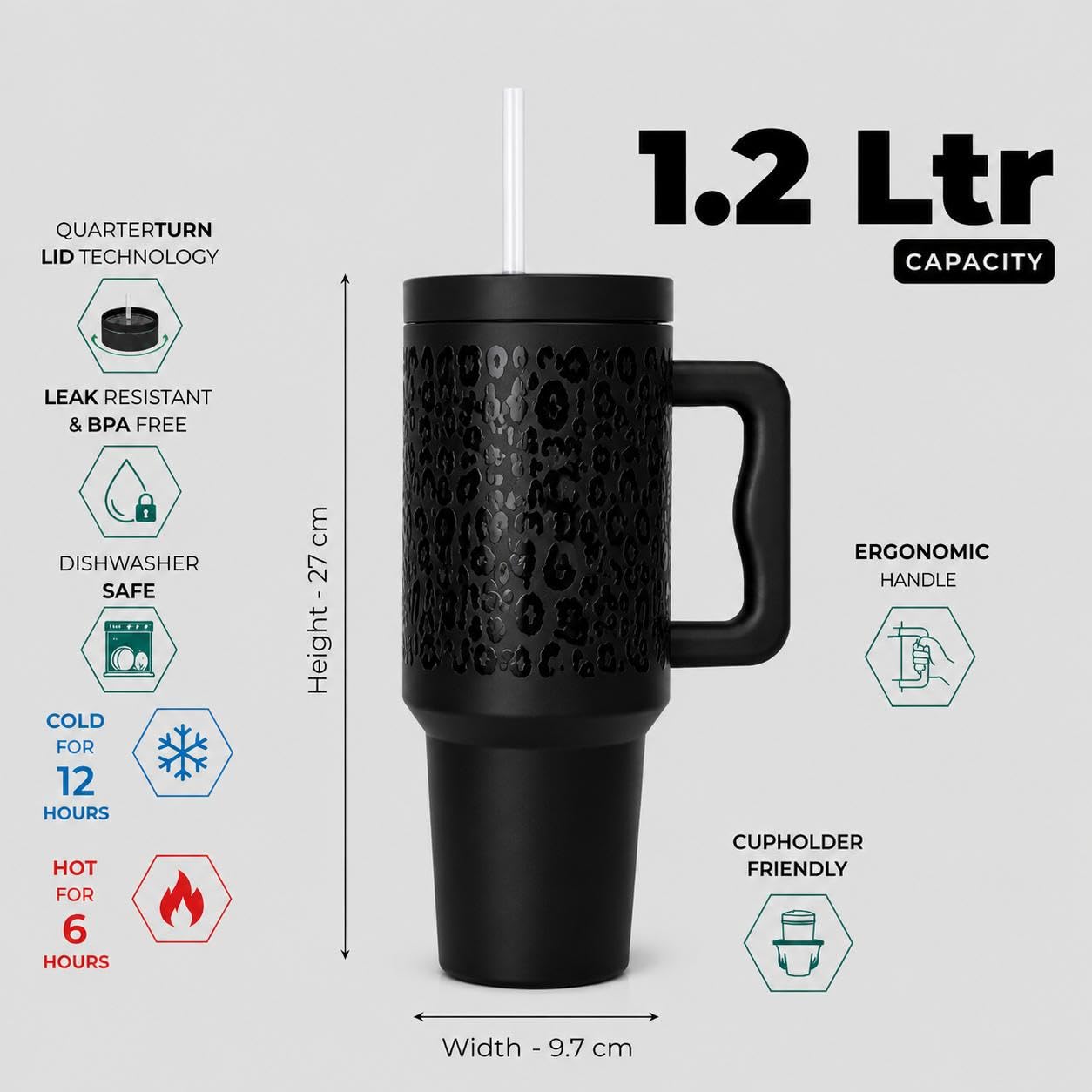 Meeram 40 Oz Vacuum Insulated Stainless Steel Tumbler with Handle & Straw | Double Wall Leakproof Travel Coffee Mug for Car, Office & Gym | Hot & Cold Water, Drinks | Black Leopard |1200ML (Black) Product Image 2