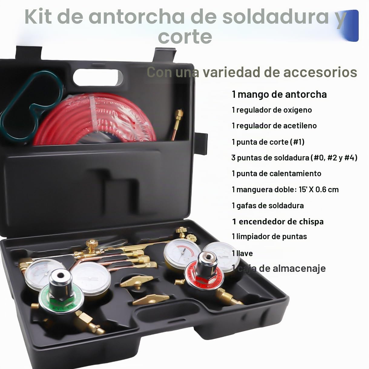 Juego de soplete de corte de oxi-acetileno, kit de soplete de gas portátil con punta de calentamiento, kit de soldadura y corte de gas acetileno y oxígeno con regulador de gas y manguera doble, gafas