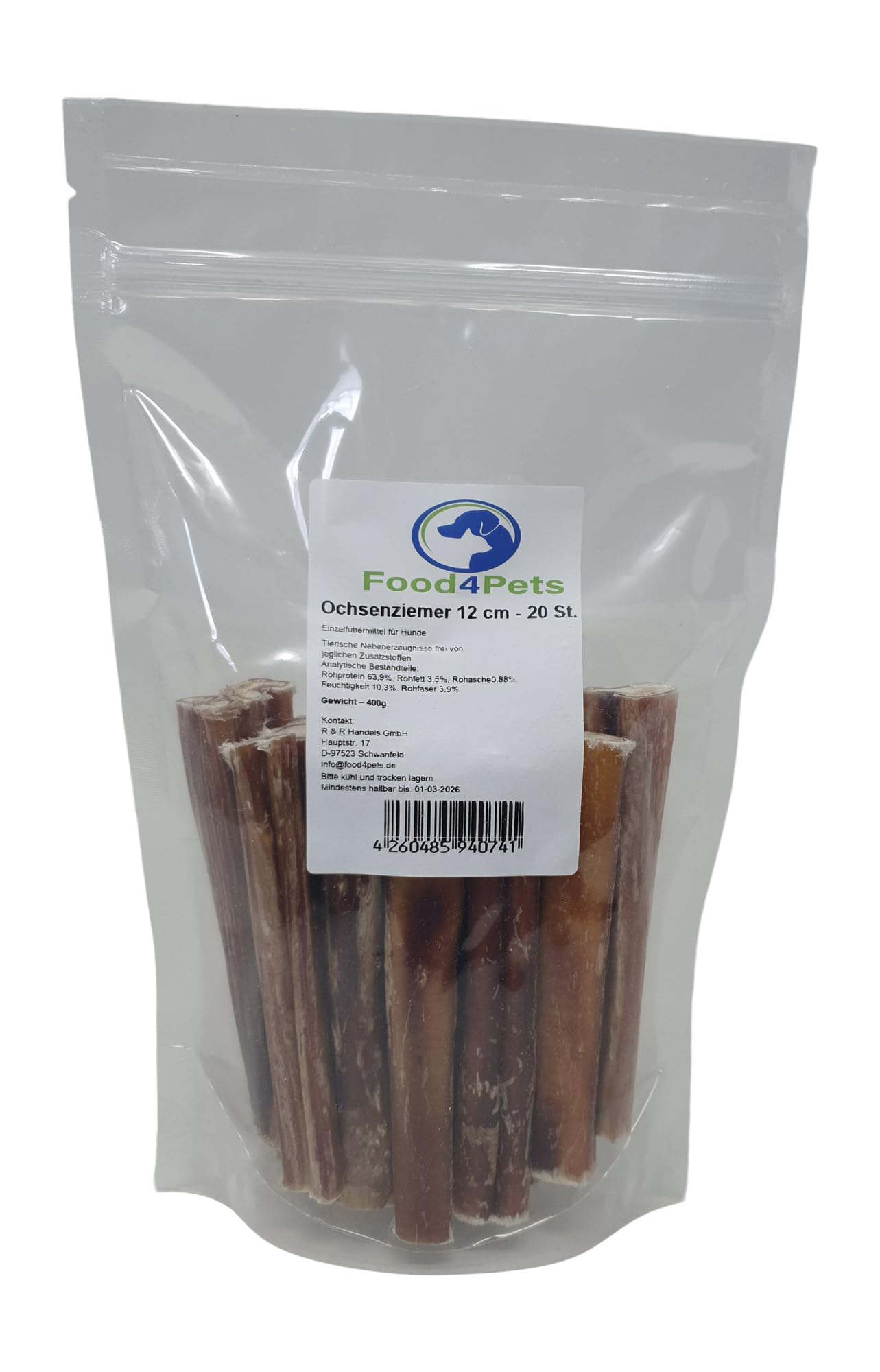 Ochsenziemer 20 Stück, 12 cm, 400 g – Kauartikel für Hunde | 20 Ochsenziemer aus 100 % Rind, ca. 12 cm, besonders hart, getreidefrei und naturbelassen für langen Kauspaß