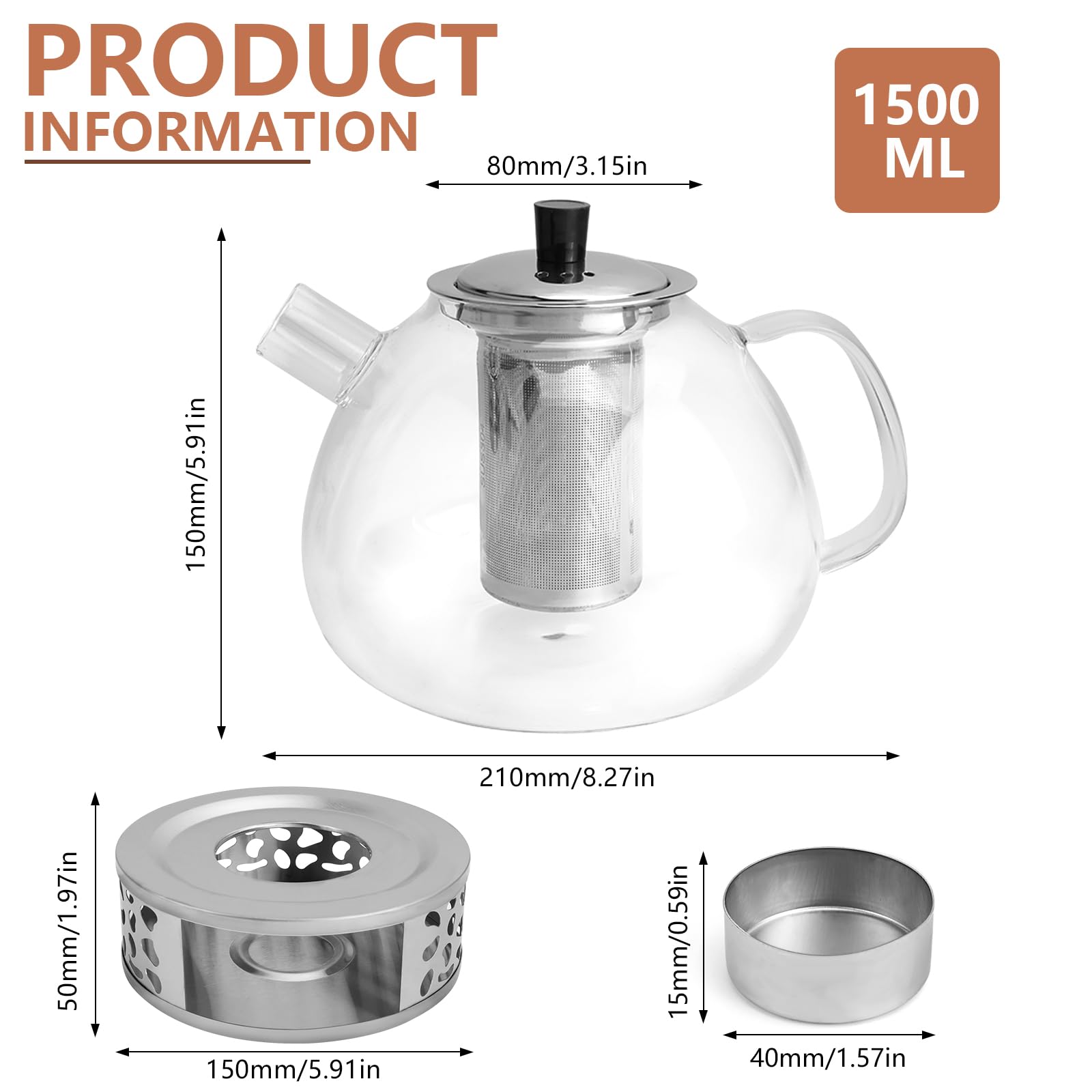 1500ML Teekanne mit Siebeinsatz aus Glas, mit Stövchen, Teapot with Strainer, Teekanne mit Teelicht Wärmer, für Losen Tees Fruchttee Duftender Tee (GlasteekanneSet)