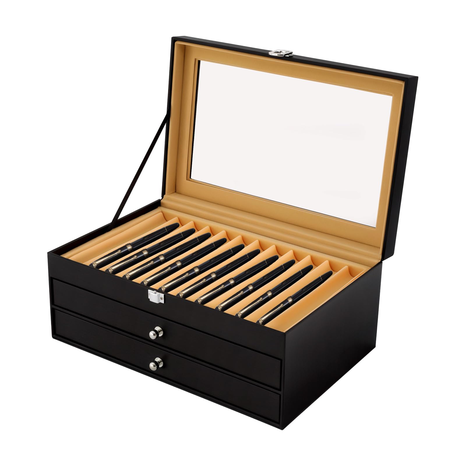 Vetrina per penne a 36 scomparti, portapenne a 3 livelli con vetrina + 2 cassetti, portapenne, portapenne multifunzionale, scatola di lusso in pelle PU