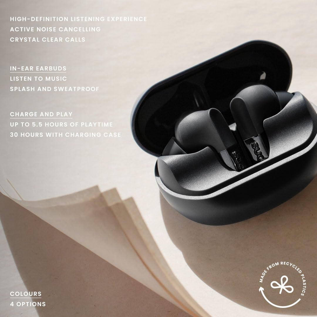 Sudio N3Pro Snow White - Auriculares de día a Noche con cancelación de Ruido. Cancelación Activa de Ruido (35dB), duración de reproducción de 5,5 Horas, IPX4, micrófonos para Grabar Llamadas