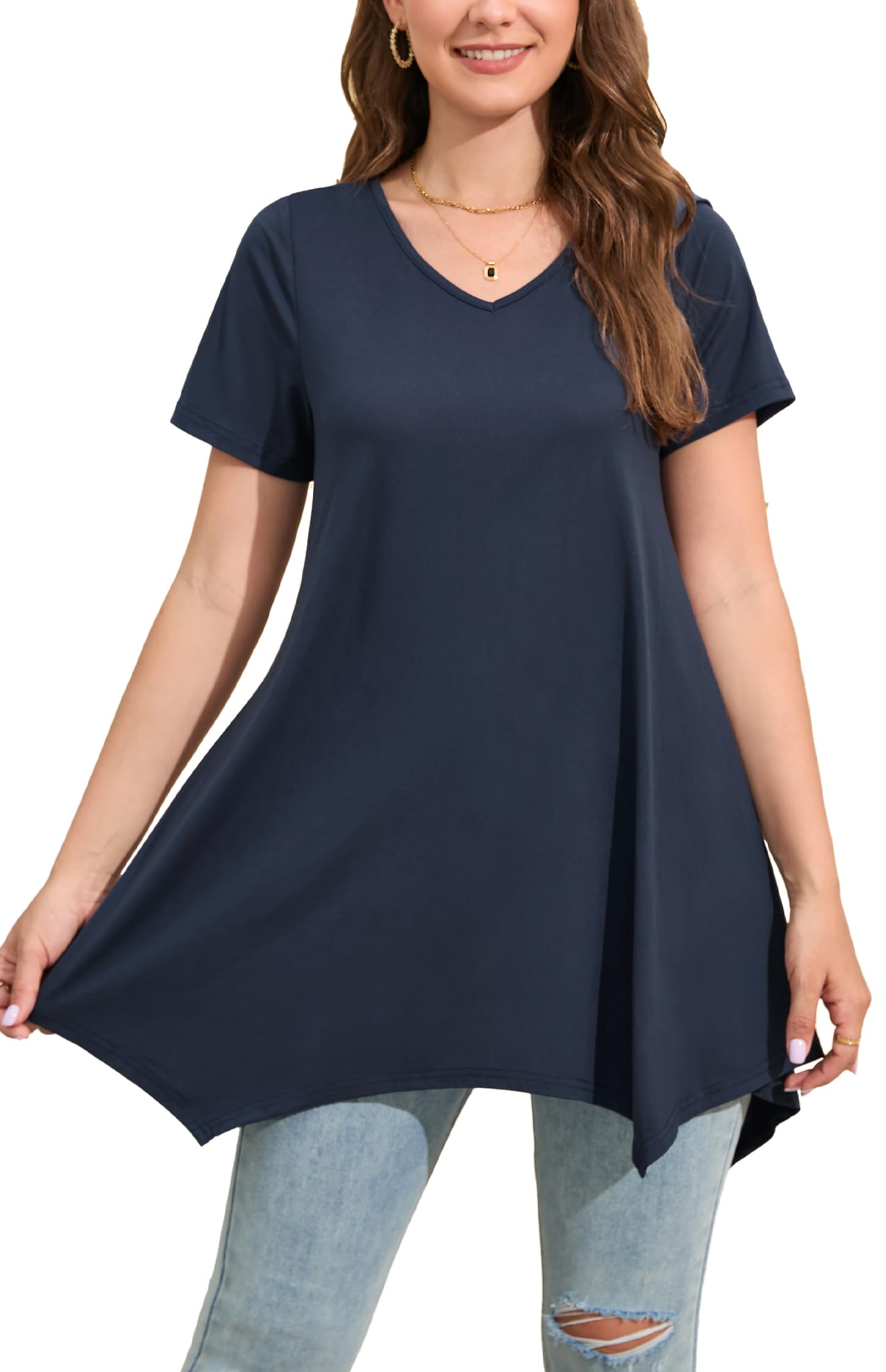 Enmain Camiseta Mujer Manga Corta Top Túnica Blusa Larga on Cuello en V Talla Grande Tops de Colores Sólidos/Estampadas T Shirt para Mujeres S-3XL
