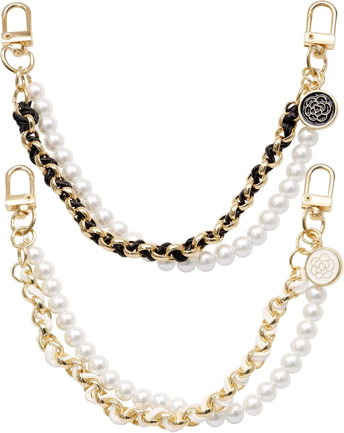 2 Pack Pearl Chain, Purse Strap With Flower Decor, Black, White