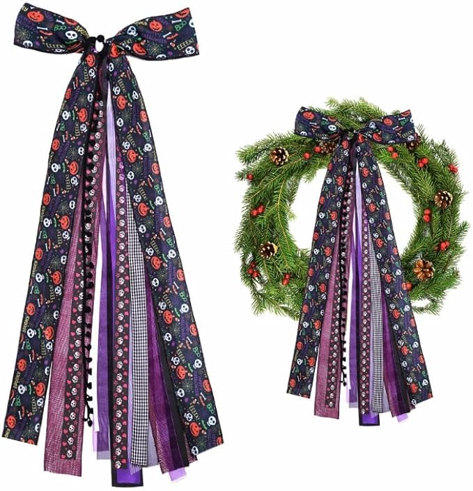 Large Halloween Bows,Halloween Wreath Tree Topper,Black Pumpkin Skull Spider Web Design, Multi-Ribbon Bow Decorations for Front Door Indoor Outdoor Home Fireplace Wall