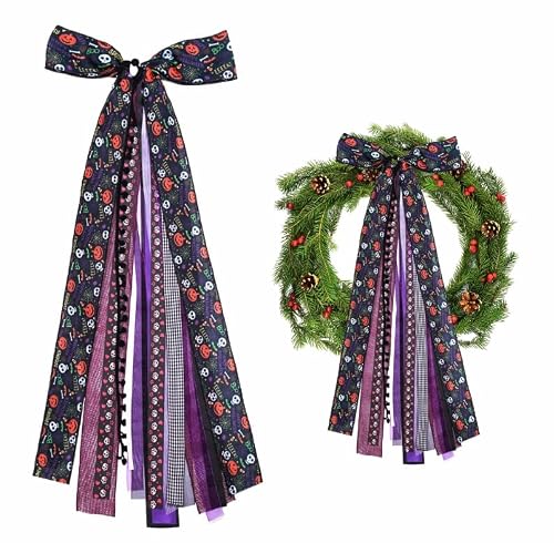 Large Halloween Bows,Halloween Wreath Tree Topper,Black Pumpkin Skull Spider Web Design, Multi-Ribbon Bow Decorations for Front Door Indoor Outdoor Home Fireplace Wall