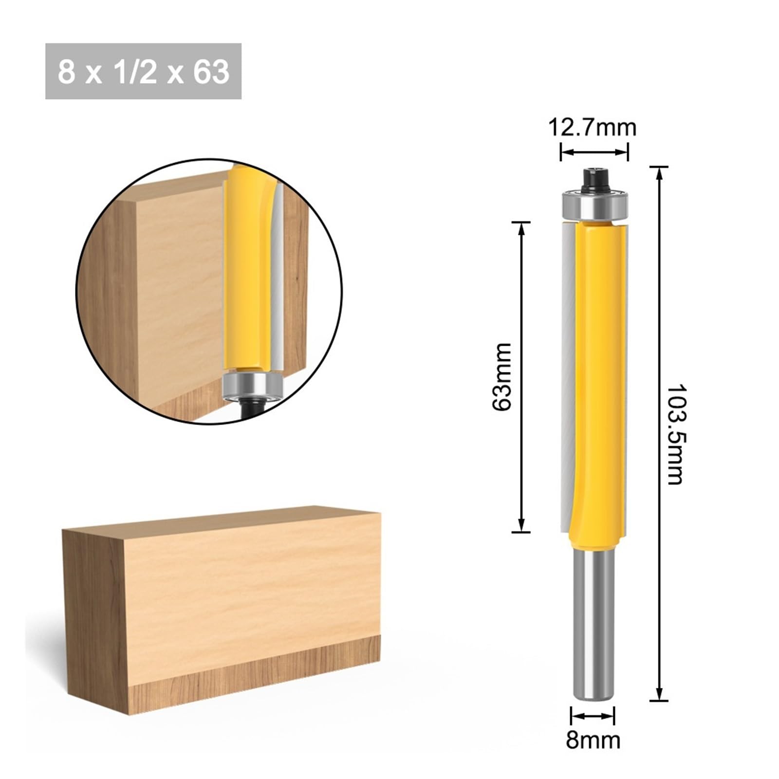 1PC 8mm Shank Długie Ostrze Flush Trim Frez Z Łożyskiem Do Drewna Szablon Wzór Węglika Wolframu(8X12.7X63)