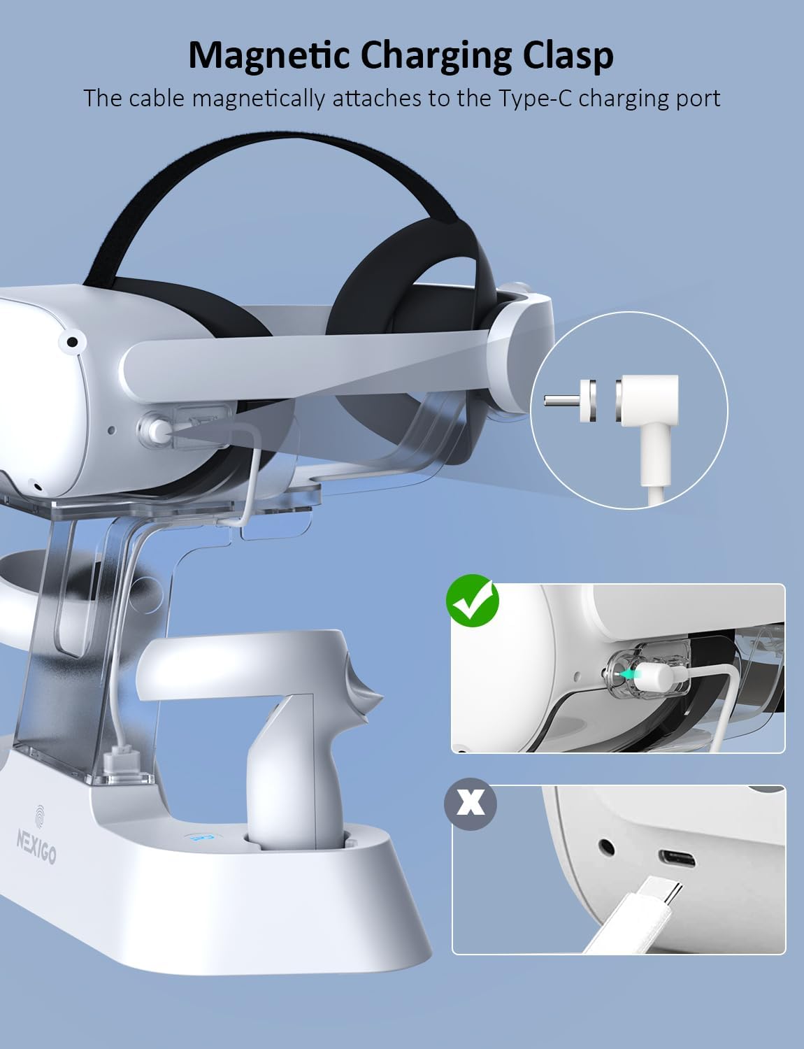 NexiGo Essential Kit for Oculus Quest, Enhanced Charging Dock for Oculus Quest 2, [Support Elite Strap with Battery], 16FT Link Cable with Signal Amplifier, VR Lens Protect Cover & Gaming Earphones