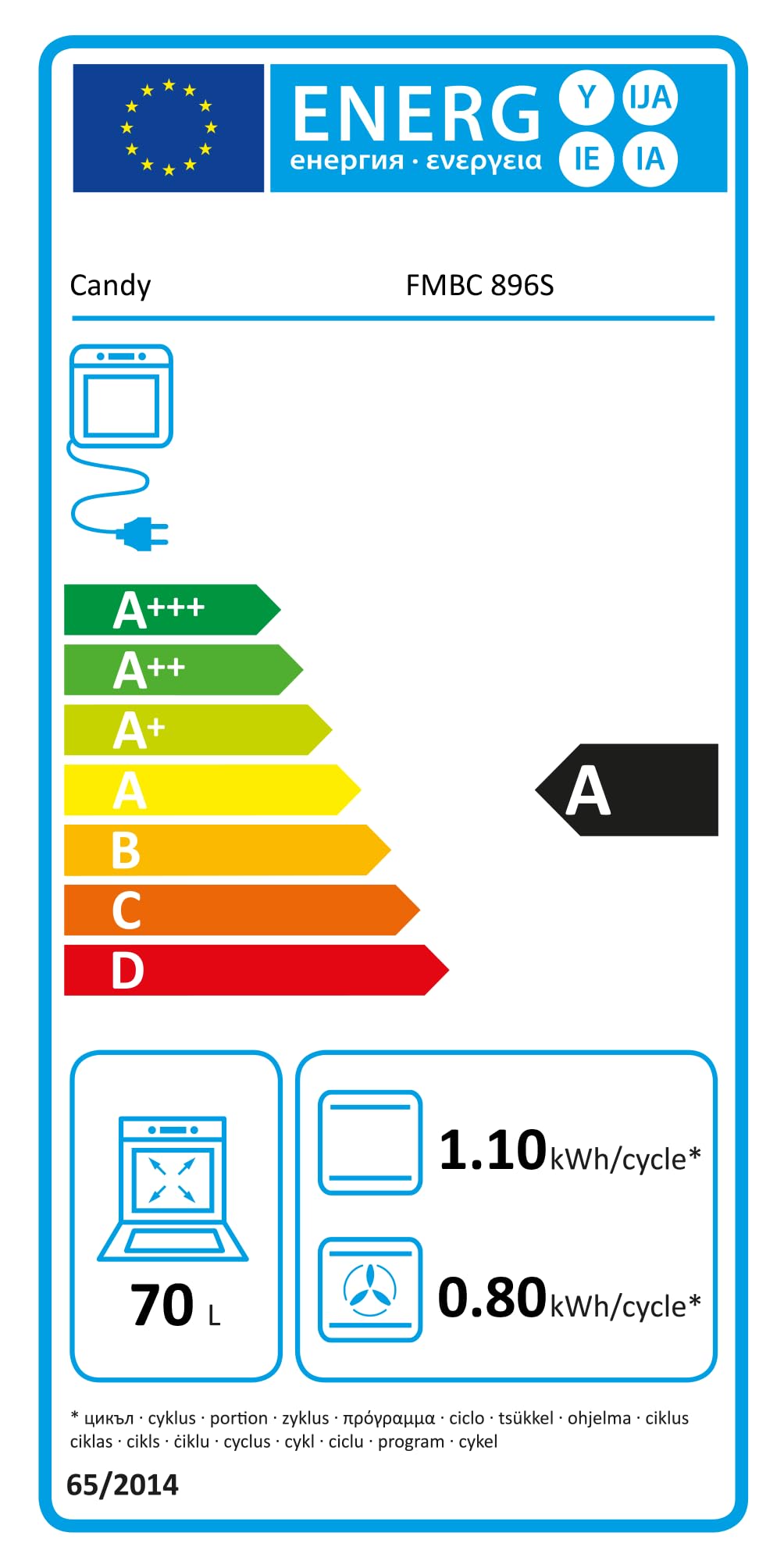 Candy FMBC 896S / Einbaubackofen mit Heißluft / 70 L/Pyrolyse Selbstreinigung mit Aquactiva/Versenkbare Knebel/Display mit Touch-Bedienung/Timer/Uhr / 9 Programme/Schwarz