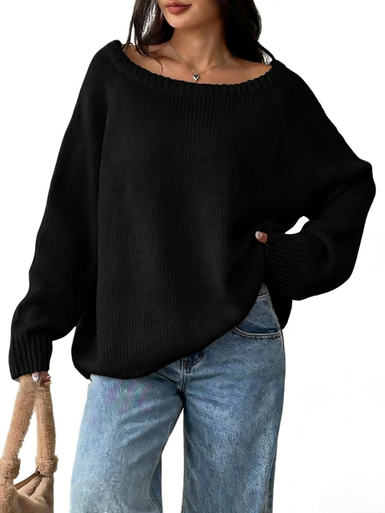 Photo 1 of Verdusa Women's Off The Shoulder Sweater Casual Oversized Fall Sweaters Pullover Knit Tops Black X-Small