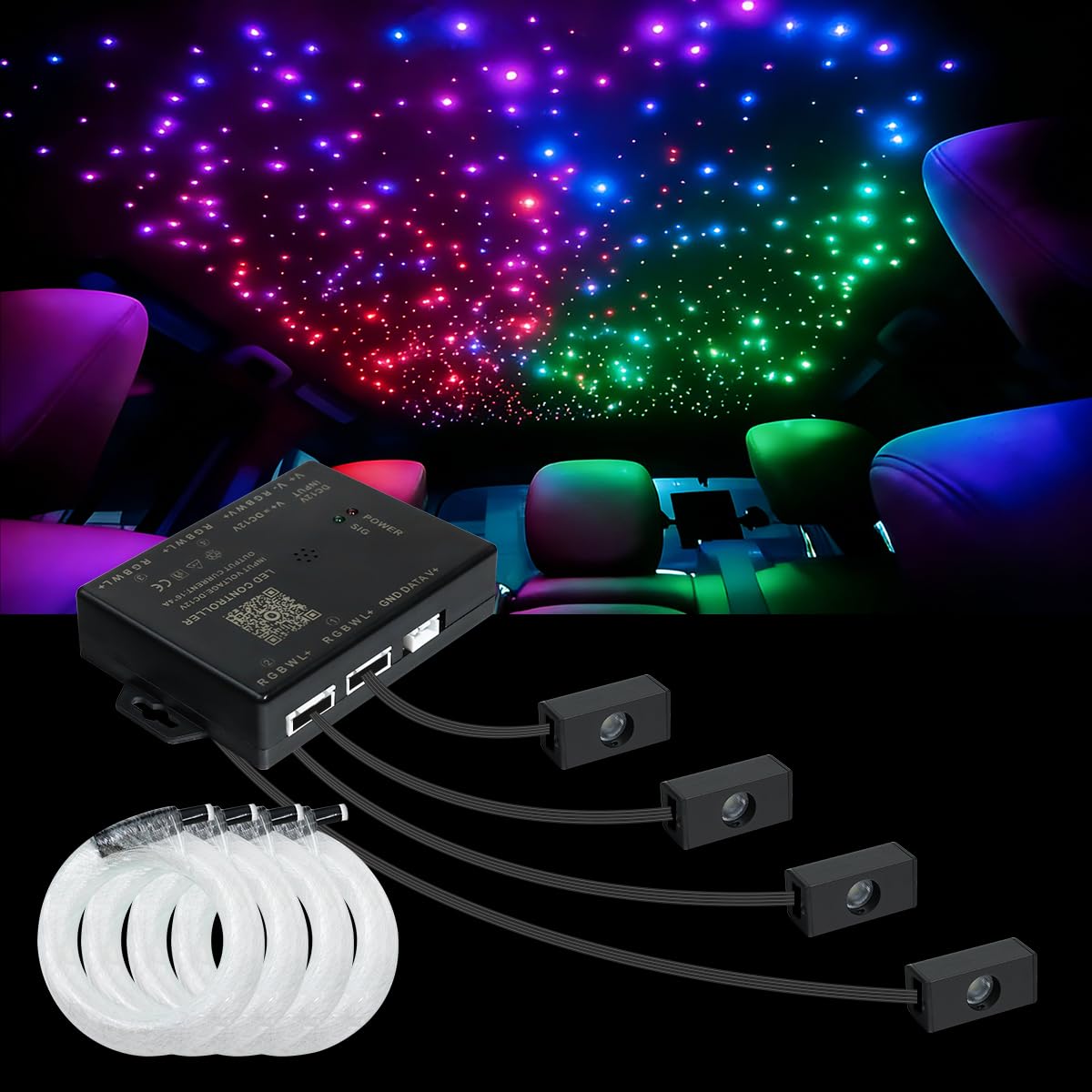 AZIMOM Kit de forro de techo dividido Starlight de 1200 piezas de 0.04 pulgadas, 6.5 pies, 2026 actualizada de fibra óptica de 4 colores, aplicación activada por sonido y control remoto, extremo de