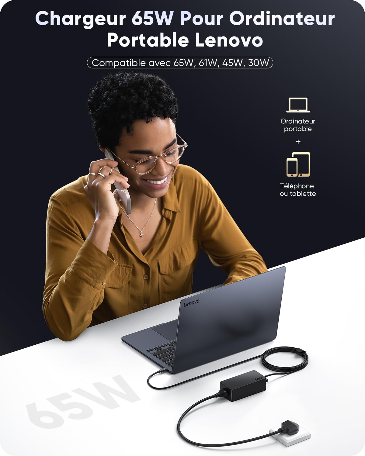 Chargeur 65W USB C Alimentation pour Lenovo ThinkPad X1 Carbon T14 T15 E14 E15 X13 L13 L14 L15 T480 T480s T490 T580 T590 E480 E490 E580 E590 X280 X380 L380 Yoga 720 730 C740 C940 910 Type C Adaptateur