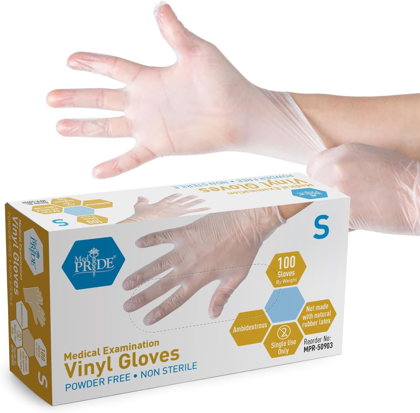 MED PRIDE Disposable Medical Grade Vinyl Exam Gloves, Latex & Powder Free, Ultra-Strong, for Healthcare & Food Handling (sMALL (Pack of 100) 100 Clear)