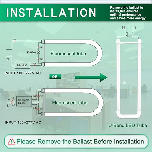 Miniatura 7 de Tubo de luz LED de curva en U, 20 W (equivalente a 32 W), 2200 lm de alto brillo, luz diurna de 5000 K, potencia de doble extremo, derivación de