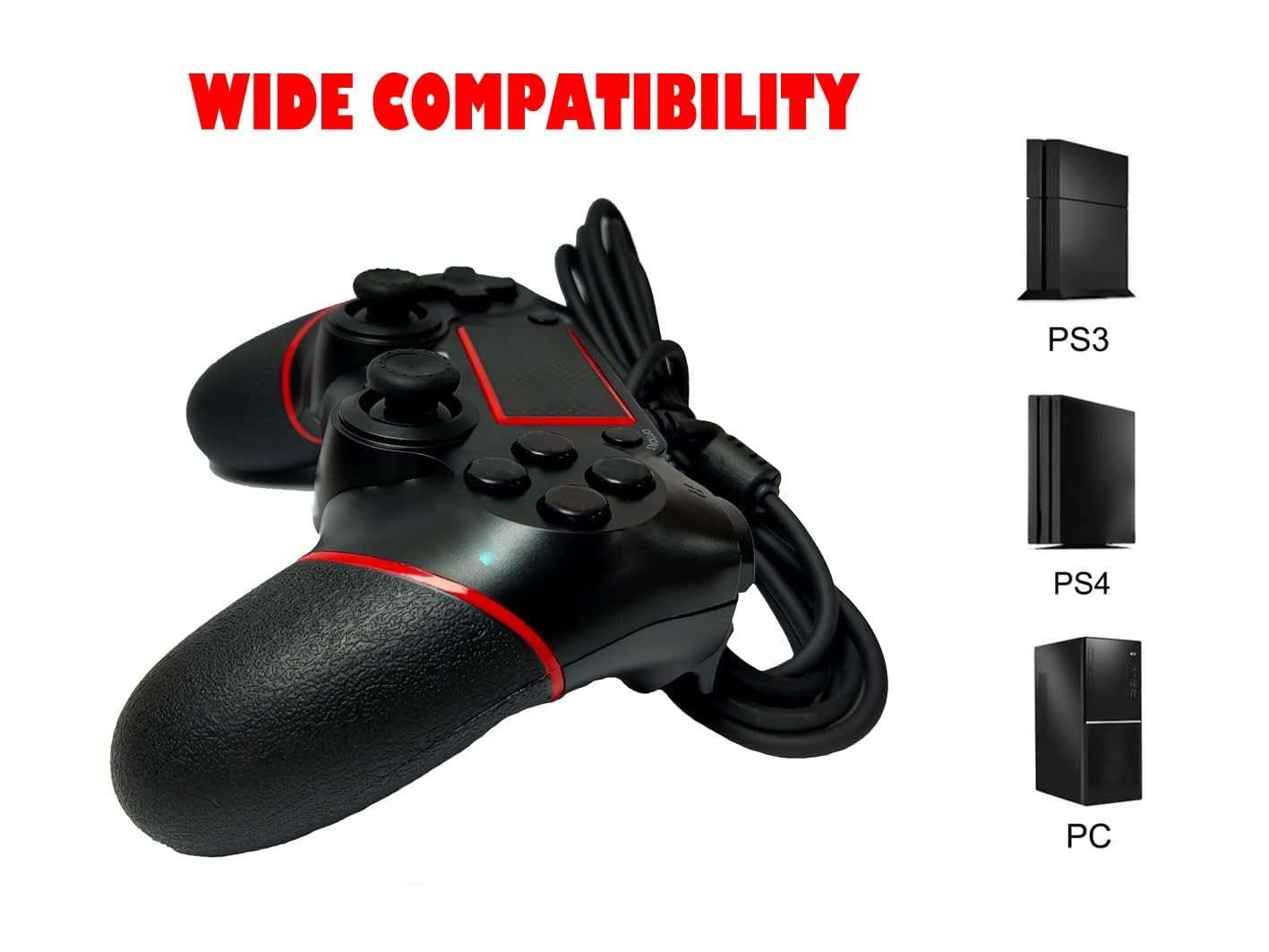 Intckwan Kabelgebunden Game Controller für PS-4 / Pro/Slim/Laptop/PC(win7/8/10), Wired Gamepad Joystick mit Vibration und Anti-Rutsch-Griff, Ergonomie(Schwarz & Rot)