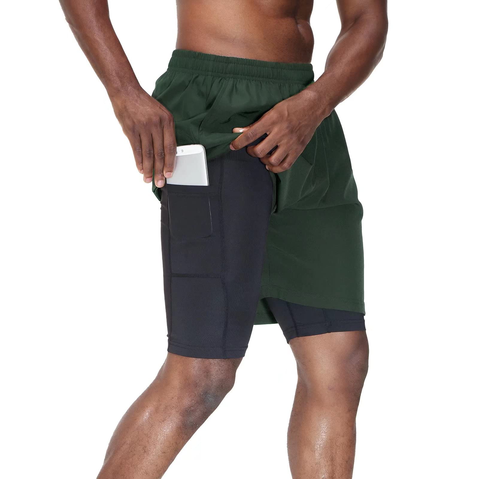 HMIYA Herren 2 in 1 Shorts Fitness Sporthose Kurz Jogginghose Schnelltrocknende Laufhose mit Kompressionsshorts und Taschen Reißverschlussfach