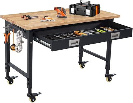 48 Adjustable Workbench on Wheels, 2000LBS Heavy Duty Worktable with Power Outlets & Drawers, Rubber Wood Work Table, Work Bench for Garage, Workshop, Office, Home