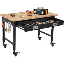 48'' Adjustable Workbench on Wheels, 2000LBS Heavy Duty Worktable with Power Outlets & Drawers, Rubber Wood Work Table, Work Bench for Garage, Workshop, Office, Home