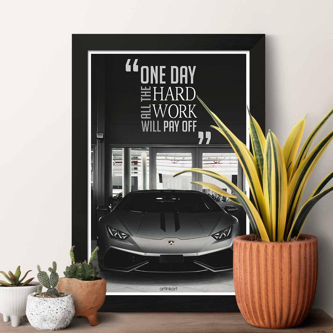 Motivational Quote Car Framed Poster, Car Posters for Wall with Frame, Supercar Lamborghini Posters for Boys Room, Aesthetic Poster Frames for Living Room (Synthetic Wood, 9.5x13.5 inch)