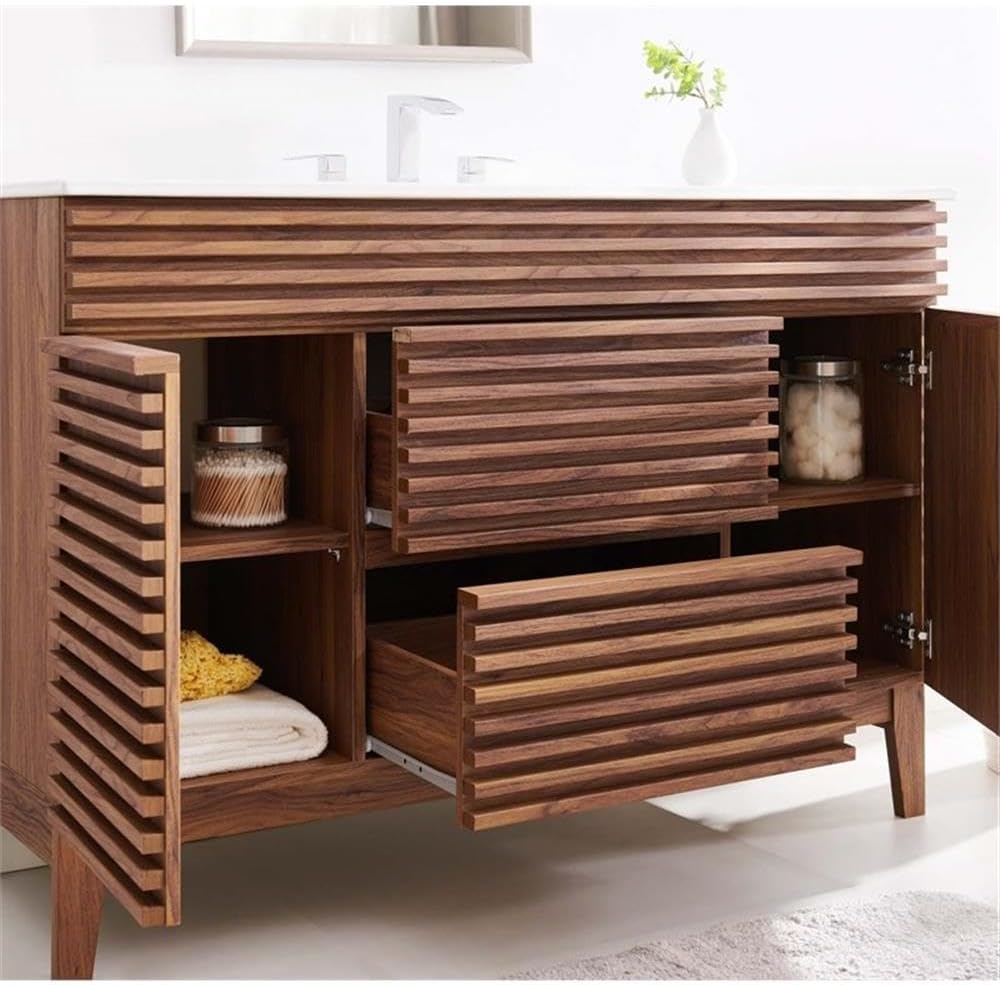 Pemberly Row 48" Modern Plastic Bathroom Vanity, Walnut Grain MDF and Particleboard, White Ceramic Single Sink, Full-Extension Drawers, Soft-Close Doors, Mid-Century Style for Bathroom Use
