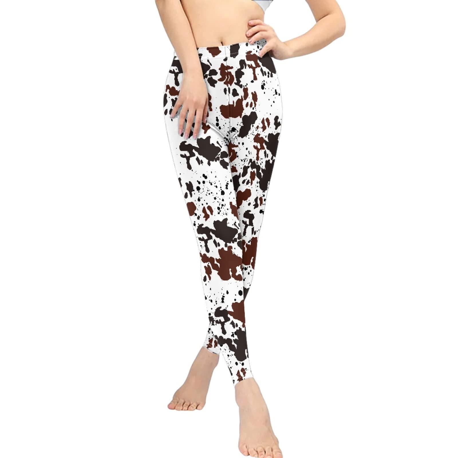 Coldinair Fashion Black Brown Cow Print Leggings for Women High Waisted Tummy Control No See Through Soft Tight Workout Yoga Pants XS-3XL
