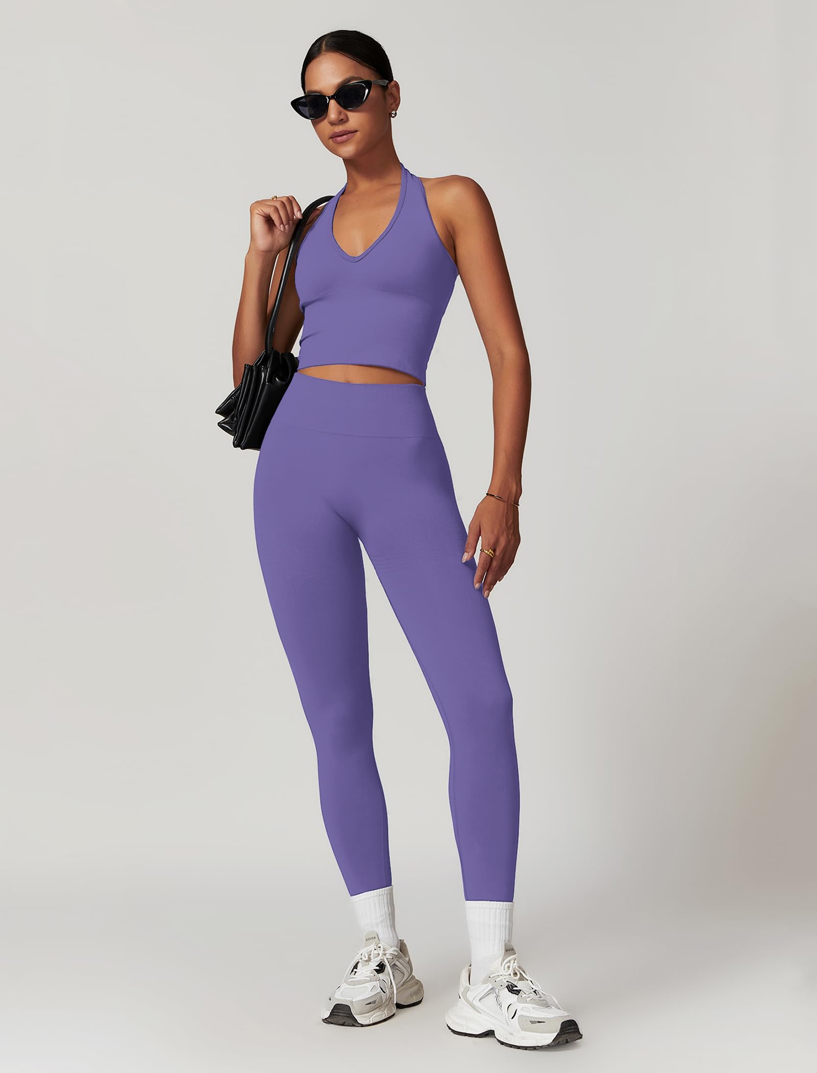 IDOPIP Set sportivo da donna con allacciatura al collo, due pezzi: set da palestra, con vita alta, leggings modellanti con effetto scrunch, tuta sportiva per fitness, yoga, pilates, allenamento