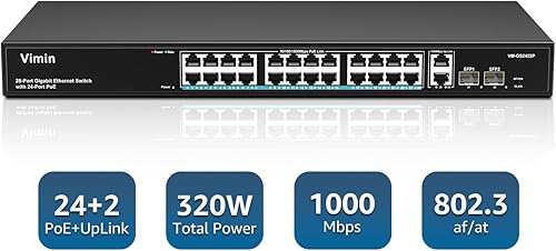 Miniatura 9 de VIMIN Switch PoE Gigabit de 24 puertos no administrado con 2 puertos Gigabit de enlace ascendente y 2 puertos SFP, conmutador PoE Ethernet de 28