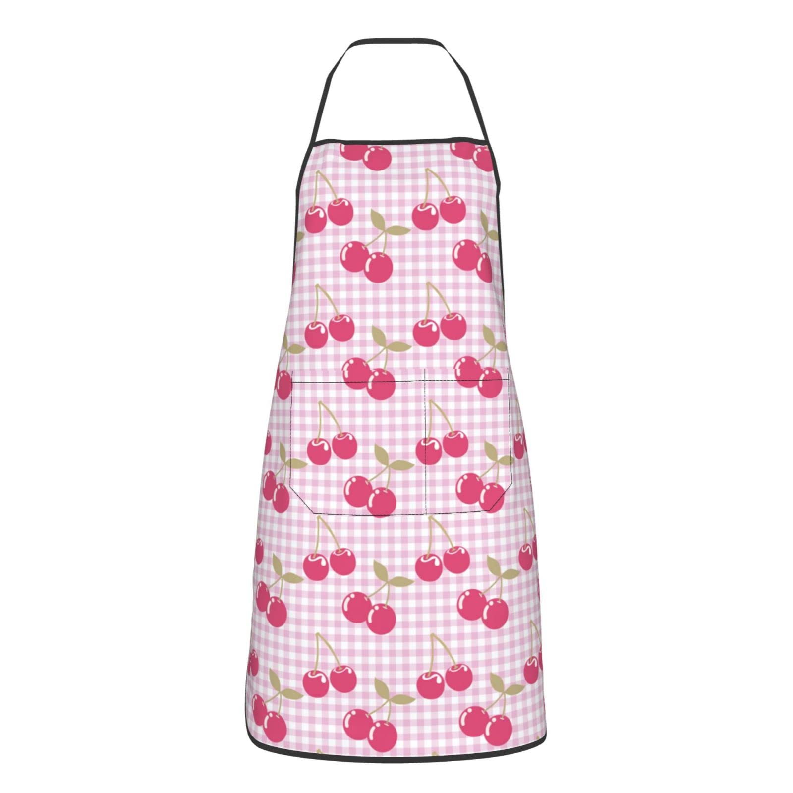 Aooedm Unisex Pink Plaid Cherry Apron For Men Women With 2 Pockets, Hawaiian Waterproof Adjustable Aprons For Cooking
