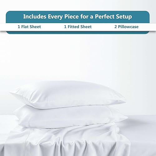 Miniatura 4 de Juego de sábanas de 4 piezas, tamaño individual extra largo, color blanco, liso, 100% algodón egipcio, sábanas refrescantes de 600 hilos, bolsillo