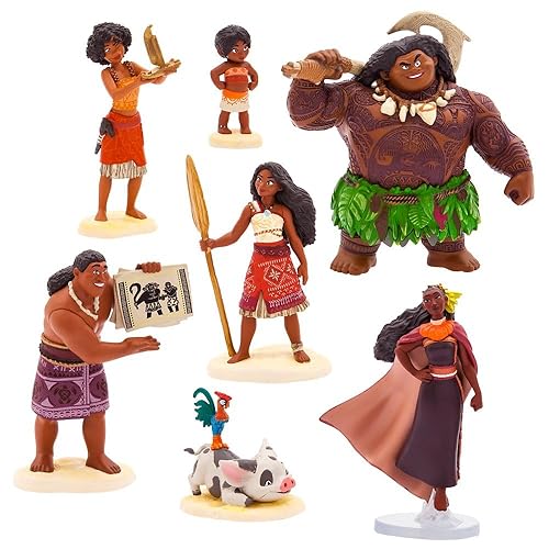 Disney Store Official Moana 2 Figure Set – 7 Fully Sculpted Disney Figures Including Moana, Simea, Maui, Pua with Heihei, Matangi, Loto & Moni with Scenic Backgrounds