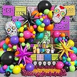 Jobkoo 135 Pcs Day of the Dead Balloon Arch Kit Dia De Los Muertos Decorations Colorful Balloons Garland Sugar Skull Explosion Star Foil Balloon for Halloween Mexican Fiesta Festival Party Supplies