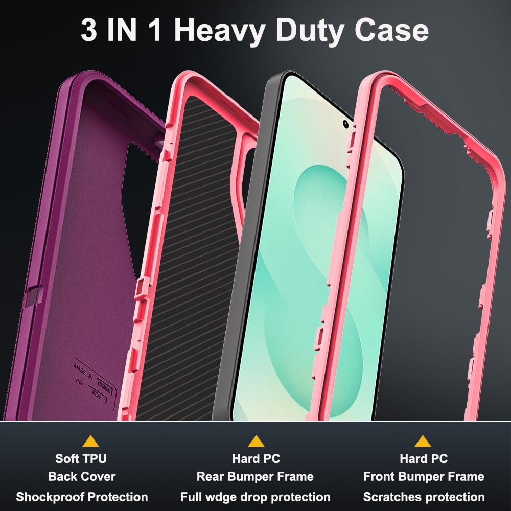 Schutzhülle für Samsung Galaxy S25 Plus mit 2 Displayschutzfolien aus gehärtetem Glas und Kameralinsenschutz, 3-in-1 robuste, stoßfeste, sturzsichere, staubdichte Hülle (Weinrot/Rosarot)