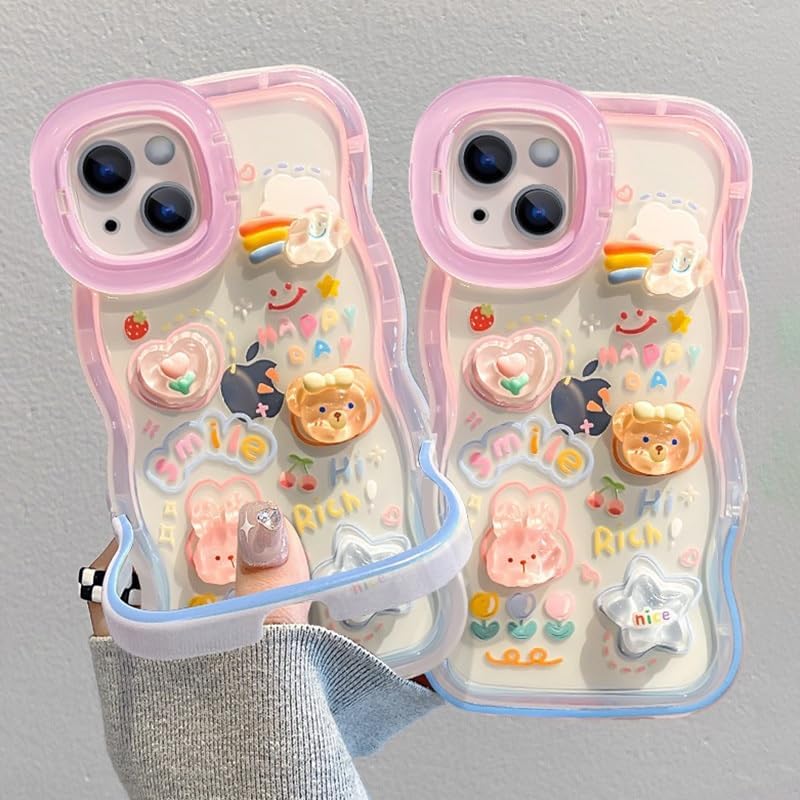 Image of COVERLY 3D Cute Creative Bear Flower Cartoon Rabbit Star Floral Decor Wave Curly Edge Invisible Double Phone Stand Holder Hard Happy Smile Cover Girly Charm Case for Apple iPhone 17 (Pastel Pink)