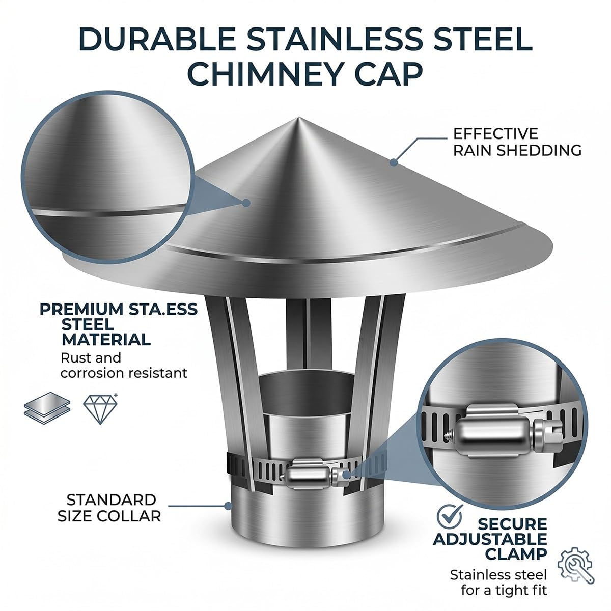 Sombrero de Chimenea Redondo en Acero Inoxidable Tapa Antilluvia para Tubo de Estufa Caperuza Salida de Humos Cubierta Protectora de Techo con Abrazadera Ajustable Antiviento(300mm)