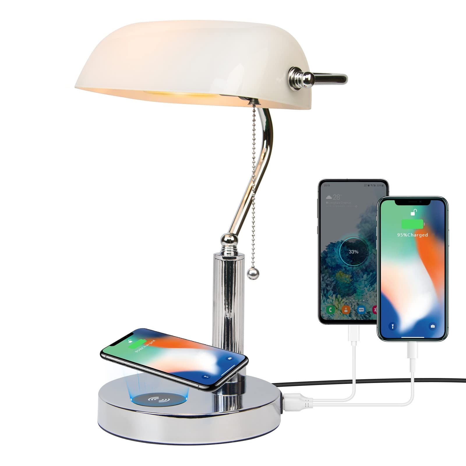 FIRVRE Weiß Glas Banker Schreibtischlampe klassische Retro Tischleuchte mit kabellosem Ladegerät USB Nachttischlampe mit Ladefunktion Antikes für Home Office Bibliothek Klavier