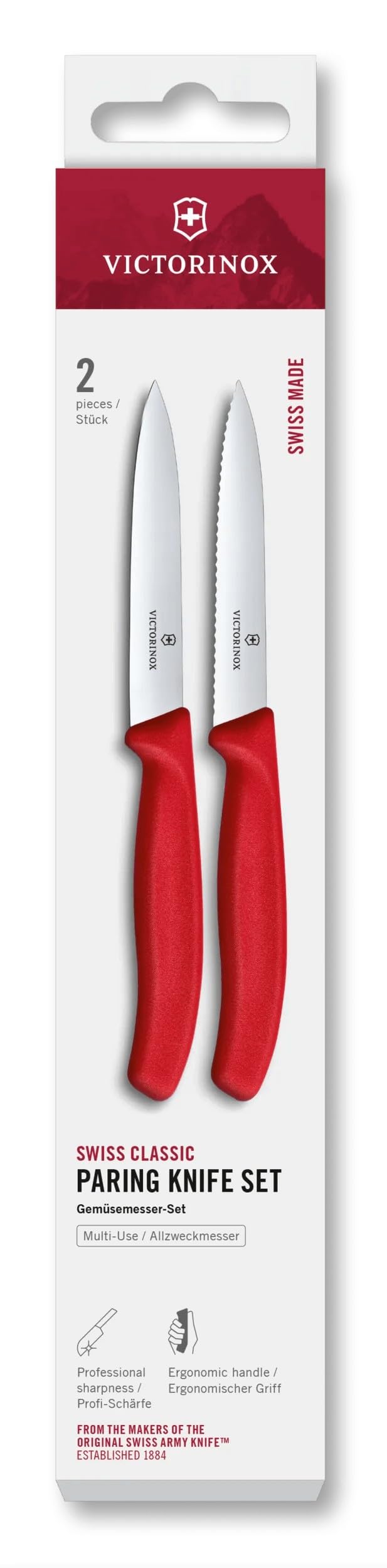 Victorinox Swiss Classic, Tomato and paring Knife Set, 2-piece, Extra Sharp Blade, Plastic Handle, Stainless Steel, Swiss Made, Red