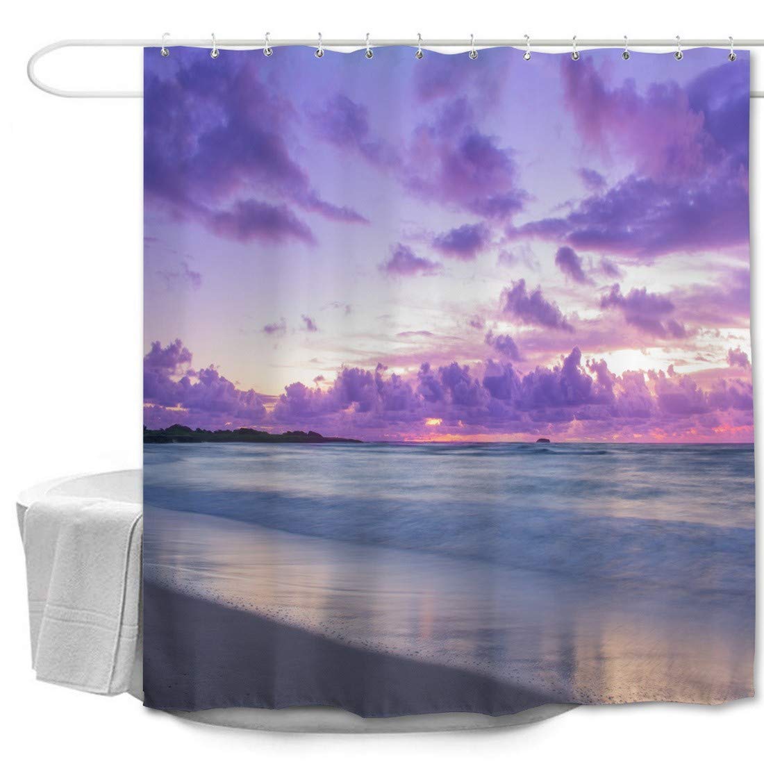 A.Monamour Duschvorhang Lila Wolken & Sonnenuntergang - Wasserdicht, Antischimmel, 165x180 Cm, Mit Haken
