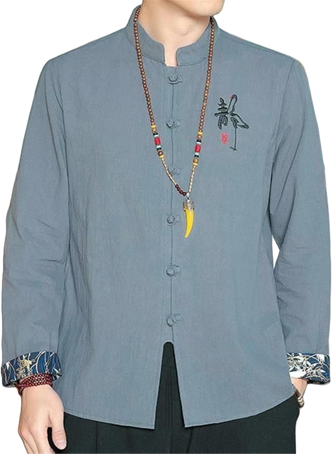 SOFTPEAK Men's Spring Lightweight Loose Fit Casual Chinese Style Cotton Linen Stand Collar Embroidered Long Sleeve Shirt