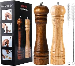 Wooden Pepper Mill Set Salt Pepper Grinder Kit Manual Mills Solid with Strong Adjustable Ceramic Grinders 2 Piece 8 Inches