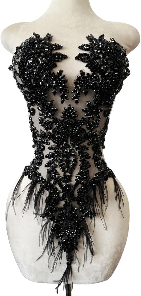 Handmade Rhinestones lace Appliques sew on Beads Trim Patches for Ostrich Feather Dress Clothing Accessories 1PCS/Bag 12.9X23.6inches (Black)