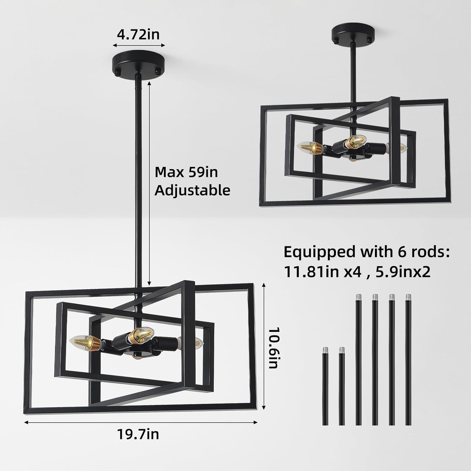 Farmhouse Black Chandelier 4 Lights Rectangular Pendant Light with Metal Cage Semi Flush Mount Ceiling Light for Kitchen, Bedroom, Dining Room, Hallway, Foyer