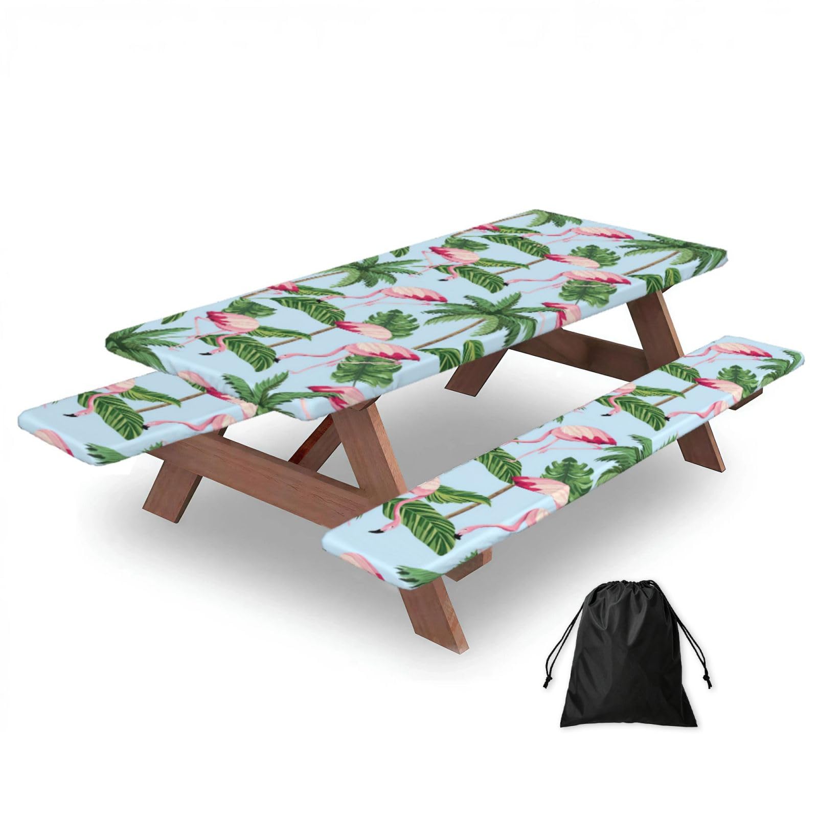 Yqxwjl Black Tropical Flamingos Print Camping Essentials Waterproof Camping Table And Bench Cover With Drawstring Bag 183 Cm