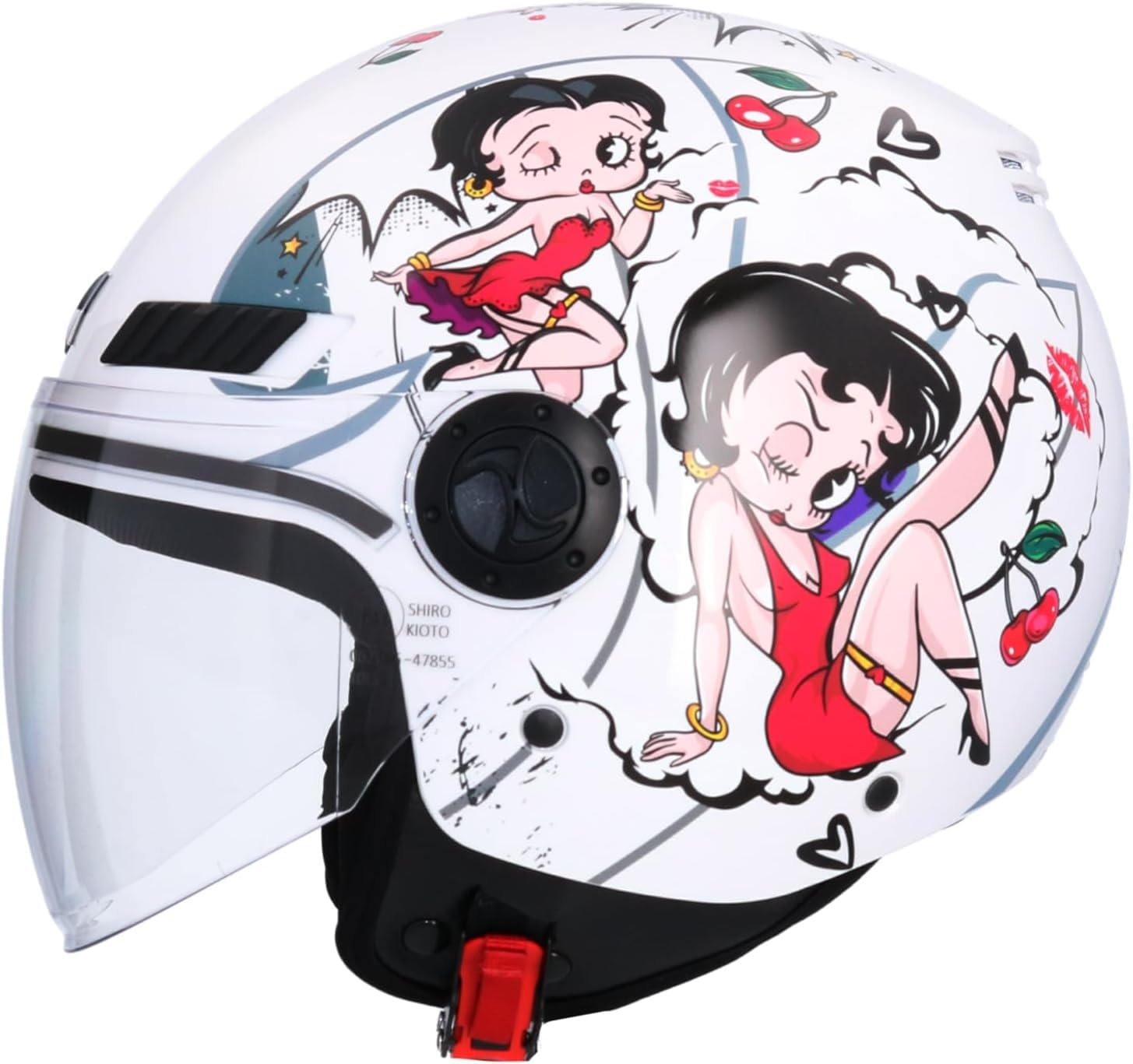 Casco Jet Shiro SH-62 La Betty II – Diseño Exclusivo Betty Boop, Negro Brillante, Visera Abatible, Homologado ECE, Estilo Retro y Urbano para Moto y Scooter Blanco Brillo (M 57/58)