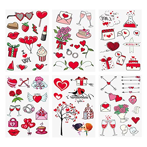 glaryyears 30 Sheets Valentine's Day Temporary Tattoo Stickers for Lovers, 100+ Tattoos Valentines Heart Flower Angel for Kids Girls Boys Couples，Waterproof on Face Hand Wrist Party Favor Body Art